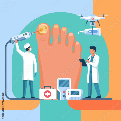An illustration showing medical professionals tending to a patient's foot with advanced tools and a drone, emphasizing modern healthcare and technological advancements.