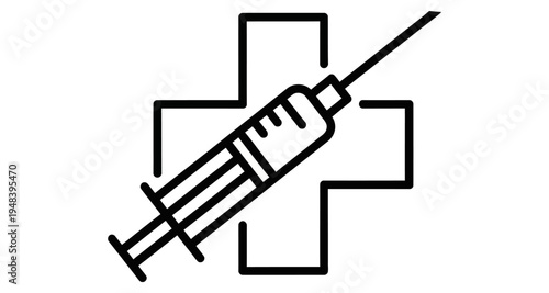 A simple black and white line drawing of a medical syringe and cross symbol