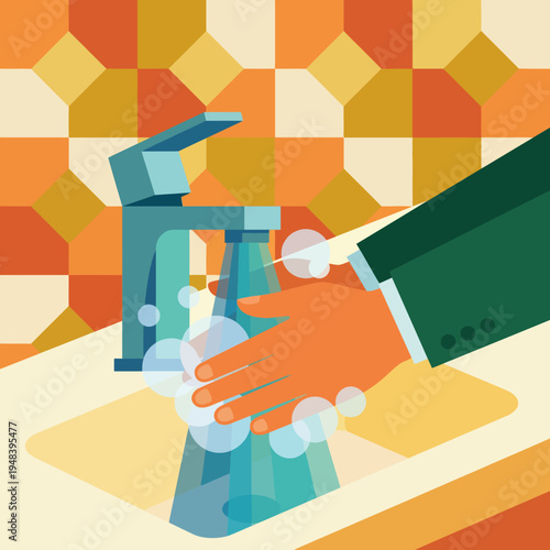 A colorful and modern image showing a hand washing with soap under a running faucet, embodying the importance of hygiene and cleanliness in daily life, especially in public health.