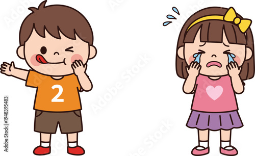 Cartoon set of little boy licking lips with hunger and little girl crying with tears expressing different childhood emotions and feelings