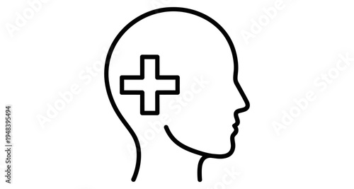 Line art illustration of a human head profile with a medical cross symbol