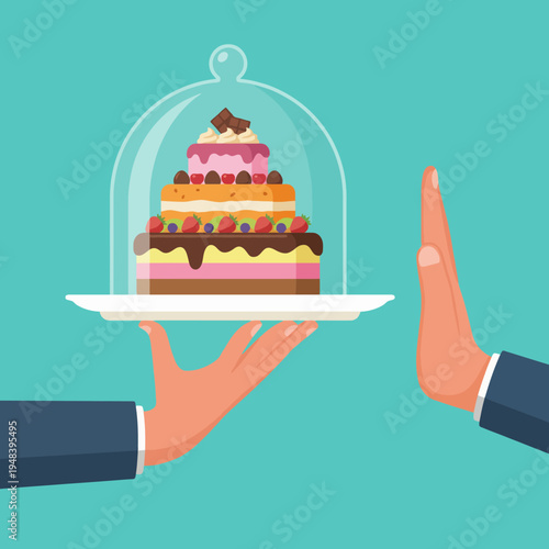 Depicting a colorful dessert under a glass cloche, this image captures the moment of refusal by a hand, symbolizing self-control and health-conscious decisions in dining habits.
