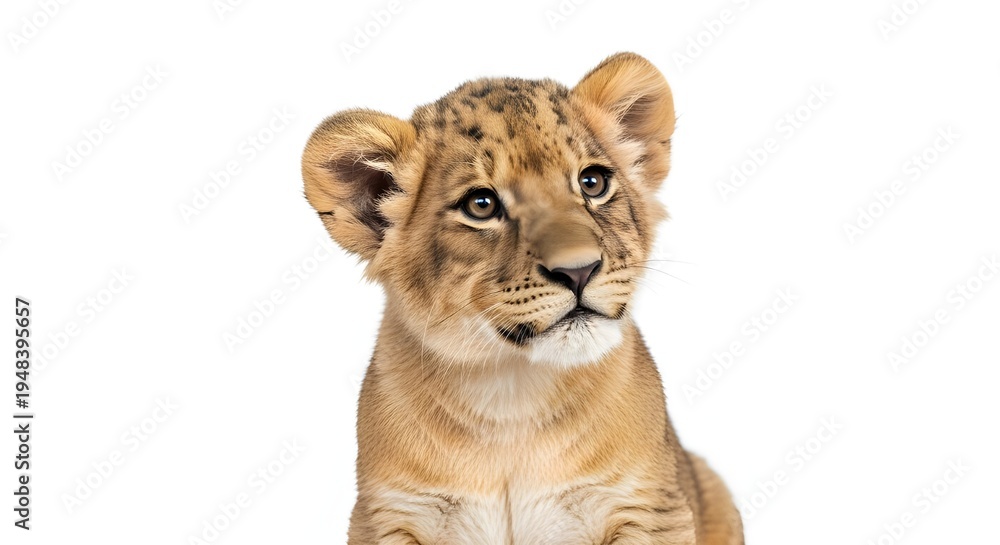 Obraz premium A young lion cub with expressive eyes looking directly at the camera