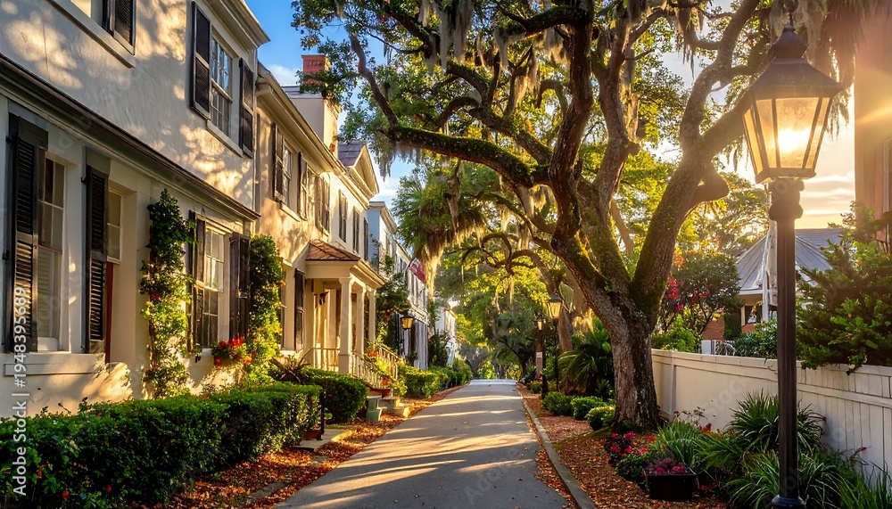 Fototapeta premium Sunlit street lined with houses, mature trees, and a lamp post on a clear day