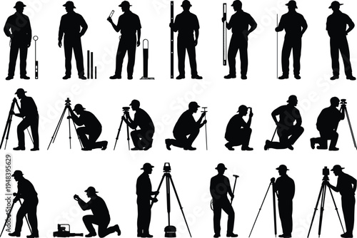 Surveyor engineer silhouettes set, land surveying workers using tripod level equipment, construction measurement team, geodetic survey tools collection, black silhouette vector illustration