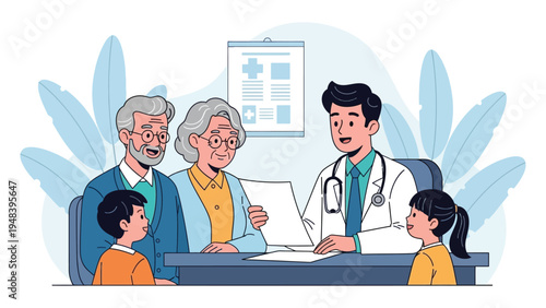 Family healthcare consultation showing a doctor meeting with a multigenerational family, providing compassionate care and building trust.