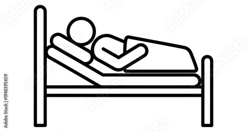 Simple line drawing depicts a person lying in a hospital bed resting