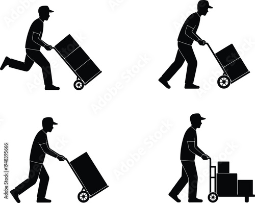 Warehouse worker silhouette pushing hand truck with stacked boxes, delivery man transporting cargo packages, logistics transportation, manual handling, isolated vector illustration