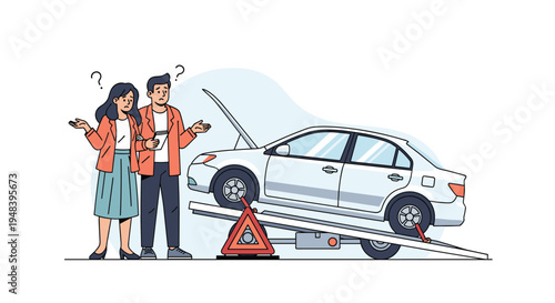 Stressed young couple looks worried as they stand beside their broken white car which is being loaded onto a tow truck after an accident.