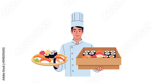 Professional sushi chef in a white uniform and hat presents a variety of fresh sushi and rolls on a wooden tray and in a delivery box.