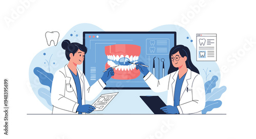Team of dentists in white coats use medical tools to examine a large digital display of a human mouth during a clinical procedure.