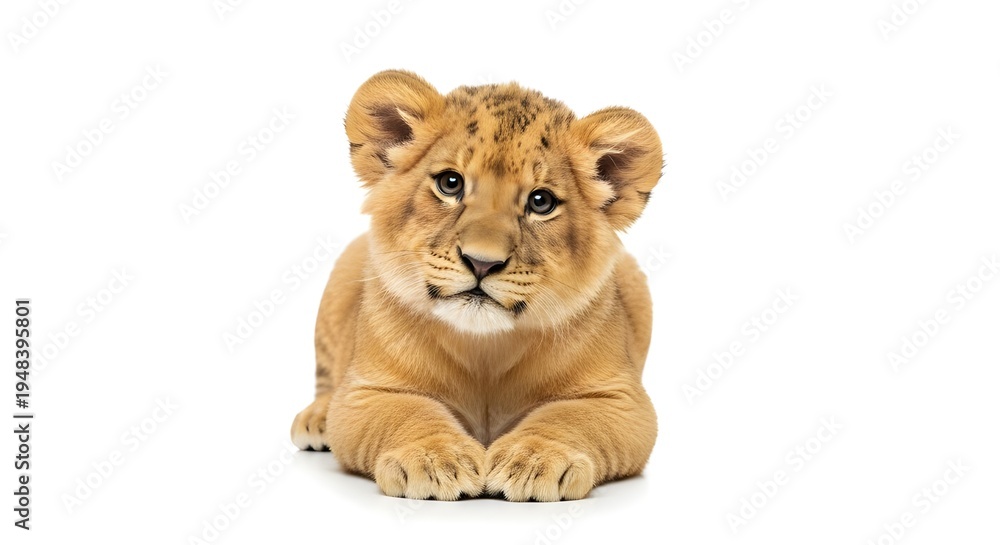 Obraz premium A young lion cub sitting calmly with an innocent and curious expression.