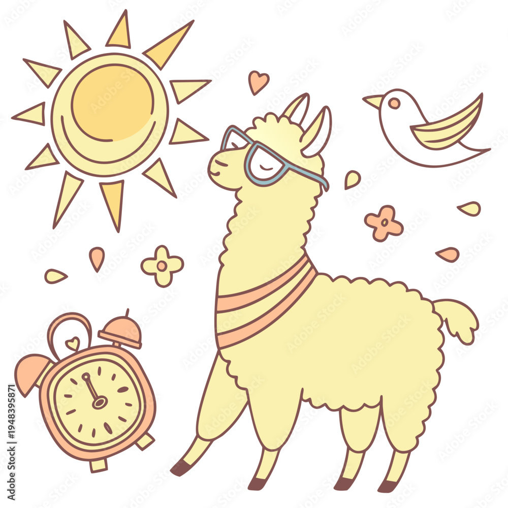 Obraz premium SVG art: A Gentle Alpaca in a Morning sunshine vibe with wearing glasses, tinted with Sunny Mornings tones