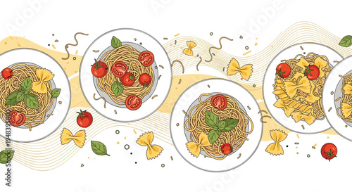 Seamless border pattern featuring several plates of delicious spaghetti pasta with fresh tomatoes and green basil leaves.