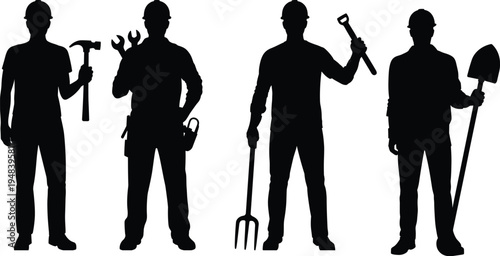 Worker silhouettes collection with hammer, wrench, shovel and pitchfork, construction repair and gardening labor team, black silhouette vector illustration set