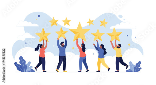 Diverse group of young people holding up five large gold stars to represent a perfect customer rating and positive review.
