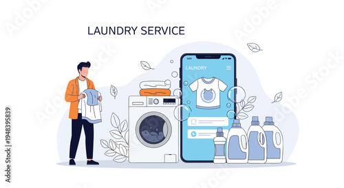 Professional laundry service concept with a man holding clean clothes next to a washing machine and a mobile phone app.