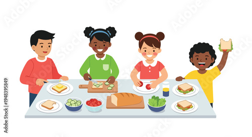 Four diverse children happily prepare sandwiches together at a table, with various ingredients spread out for their meal.