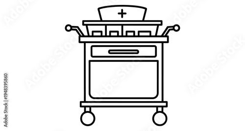 Line drawing of a hospital bedside table with medical supplies and a nurse s cap