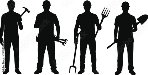 Worker silhouettes with hammer, wrench, pitchfork and shovel, construction repair and gardening labor team, black silhouette vector illustration collection