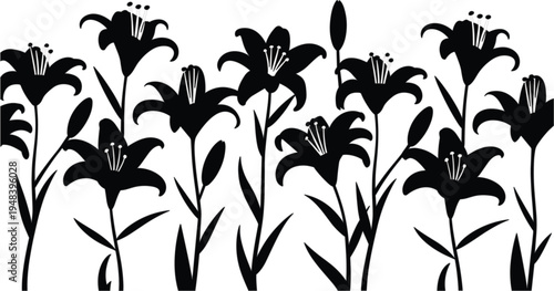 Elegant lily flower silhouette vector border featuring black floral blossoms and stems for wedding invitations, greeting cards, organic beauty branding, and spring garden decorative nature patterns.