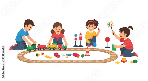Four happy children are playing together with a colorful toy train set, track, and various educational blocks and traffic signs on the floor.