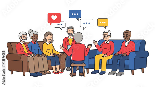 Multigenerational group discussion with people on couches sharing thoughts and emotions in a casual meeting, shown with speech bubbles