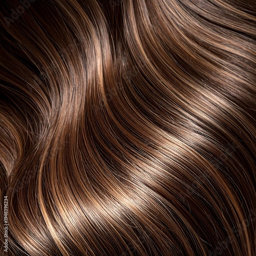 Wavy, brunette hair with caramel highlights, glossy sheen, and dynamic movement