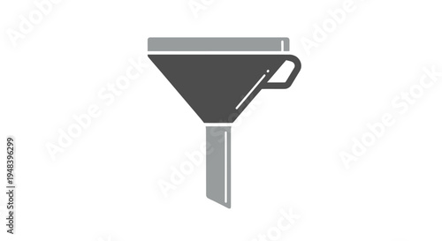 Gray metal funnel with handle.