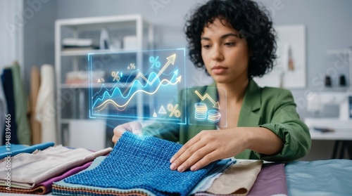 Fashion buyer evaluating fabric samples in studio setting documentary style