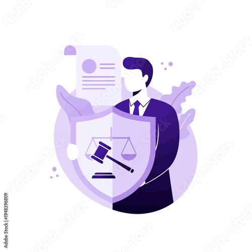 Lawyer Holding Shield with Scales and Gavel.