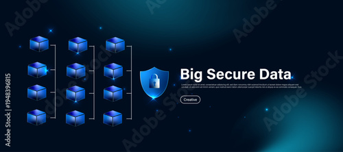 Large data security concept with shield lock and database storage icon. Modern cybersecurity system for protecting large scale information, digital privacy and secure data networks.