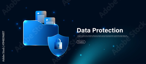 Digital file security concept with lock shield and data document icon. Modern cybersecurity system for file protection, privacy defense and secure digital information management.