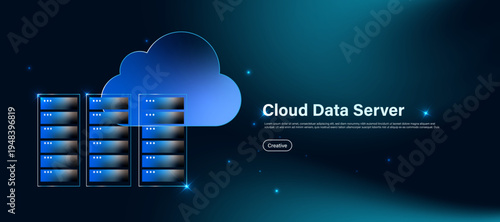 Cloud server data storage concept with cloud database and server icon. Online cloud computing platform for secure data storage, server systems and digital information management.