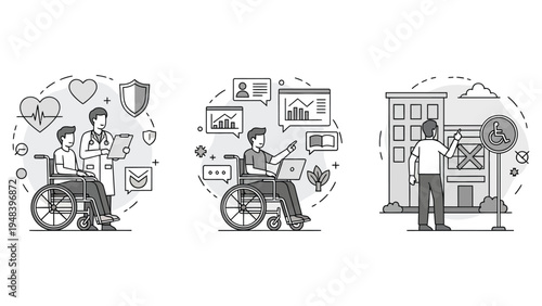Abstract concept vector set illustrating support for people with disabilities, including social assistance, assistive and adaptive technologies, caregiver support, and accessibility challenges