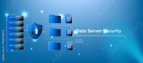 Data server security concept with shield lock and server database icon. Cybersecurity technology for protecting server systems, network safety and secure digital data storage.