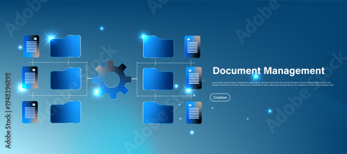 Digital document management concept with file storage and folder icon. Smart system for document organization, secure file access and efficient data management technology.