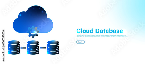 Cloud database technology concept with digital storage server icon. Online cloud computing system for secure data storage, database access and information management.