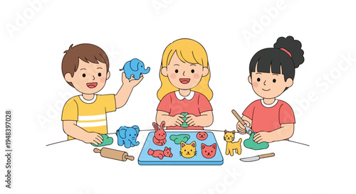 Three happy children are creatively playing with colorful modeling clay, shaping animals like elephants, rabbits, and cats at a table.