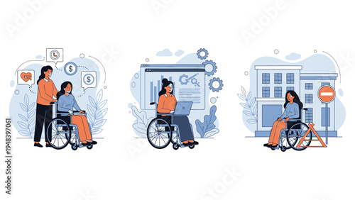 Assistance for people with disabilities social support, caregivers, and assistive technology in various environments. Flat vector illustration set