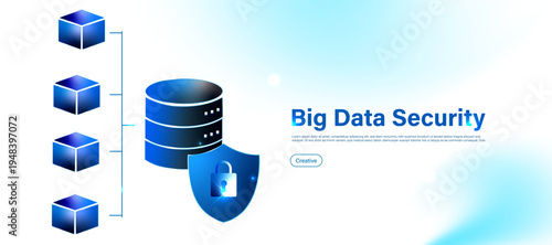 Big data security concept with shield lock and database storage icon. Modern cybersecurity system for protecting large scale information, digital privacy and secure data networks.