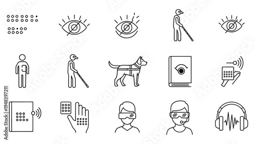 Blindness icon set featuring symbols for impaired vision, disability, and related accessibility concepts. Editable vector stroke.