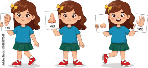 Cartoon set of little girl character holding flashcards to learn human body parts including ear nose and hand for education
