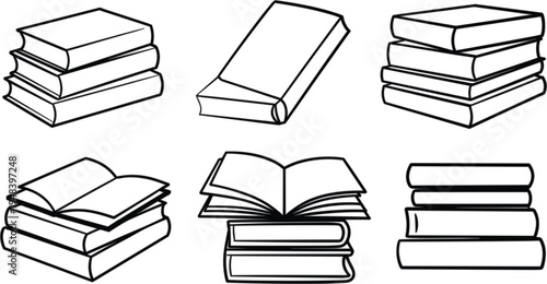 Hand drawn book stack vector collection featuring open and closed textbooks in black and white line art for education, library, school, and study themed designs.