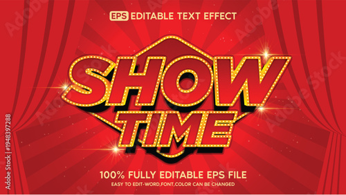 Showtime Editable Text Effect Royal Red Velvet Stage Curtains Sparkle Lights Glamour Premiere Entertainment Cinema Theater Performing Arts Luxury Bold Retro Vintage Design