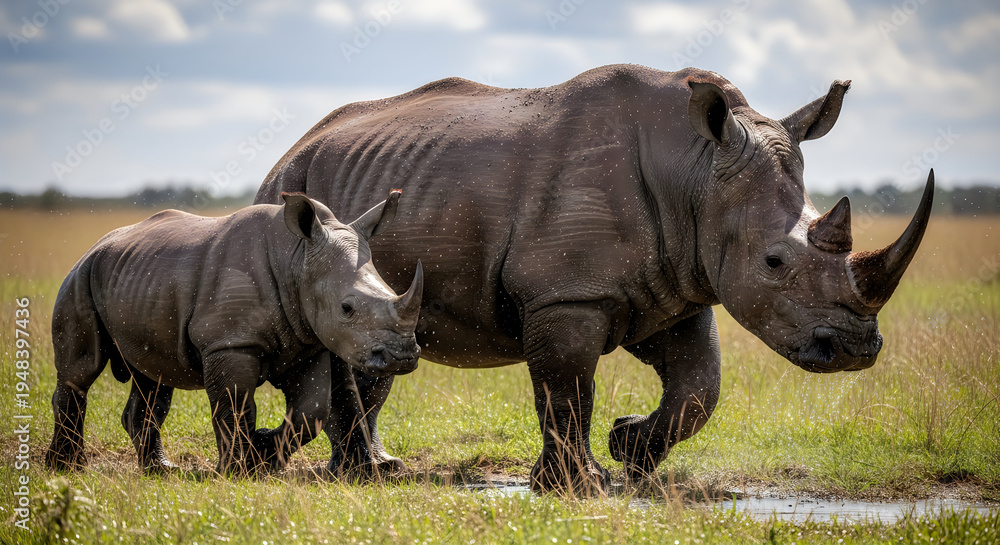 Fototapeta premium A large rhinoceros and a small rhinoceros walking through a grassy field