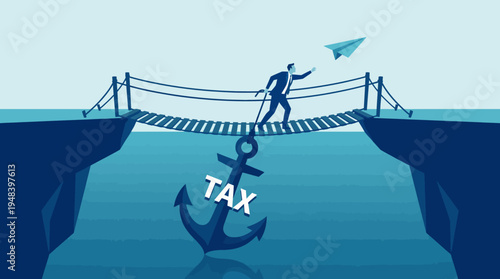 A businessman cautiously traverses a wobbly bridge anchored by a tax symbol, symbolizing financial challenges. This metaphor illustrates the complexities of navigating taxes in business.