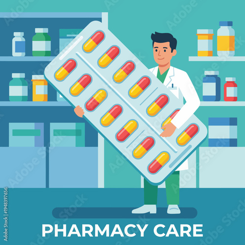 A cheerful pharmacist holds a large blister pack of capsules, symbolizing pharmacy care and medication management in a modern pharmacy environment with shelves filled with products.