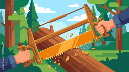 Two hands gripping a traditional saw cutting through a log in a forest setting, illustrating teamwork and craftsmanship in a serene and natural environment.