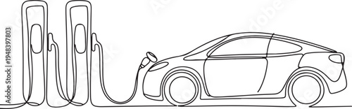 Electric Car Charging Station and Vehicle Line Art